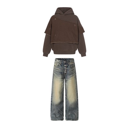 Rogue Layers combo: brown Deconstructed Hoodie with Rogue Denim
