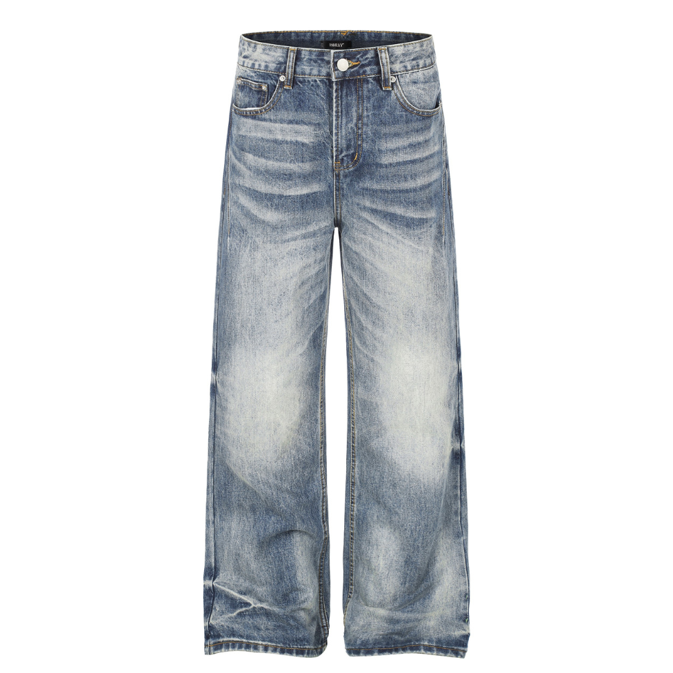 Whisker Wash Denim wide straight leg