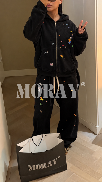 Washed Essentials outfit worn with the embroidered zip hoodie and wide joggers