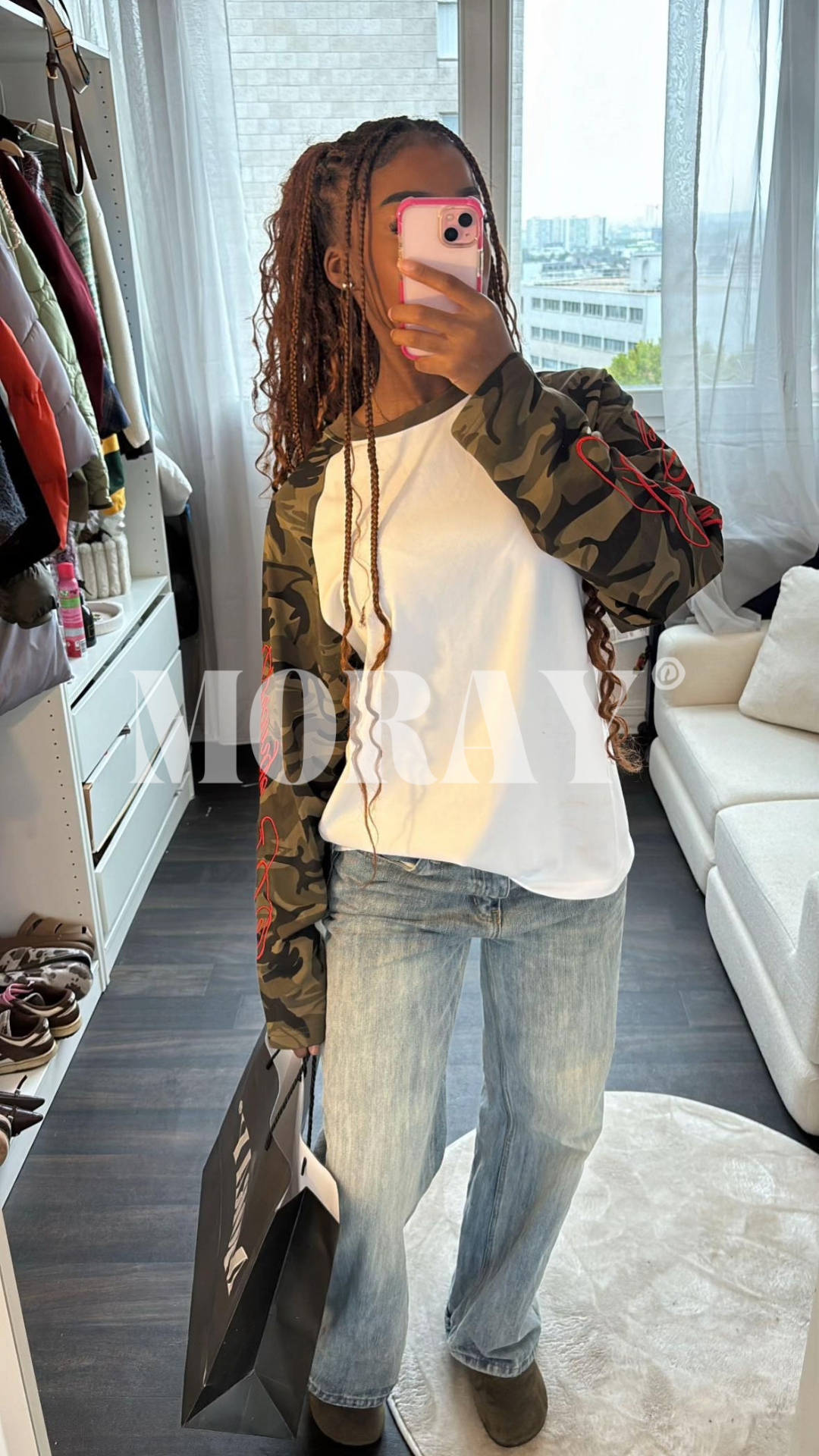 Tiger Script combo worn: camo raglan longsleeve and light-wash jeans