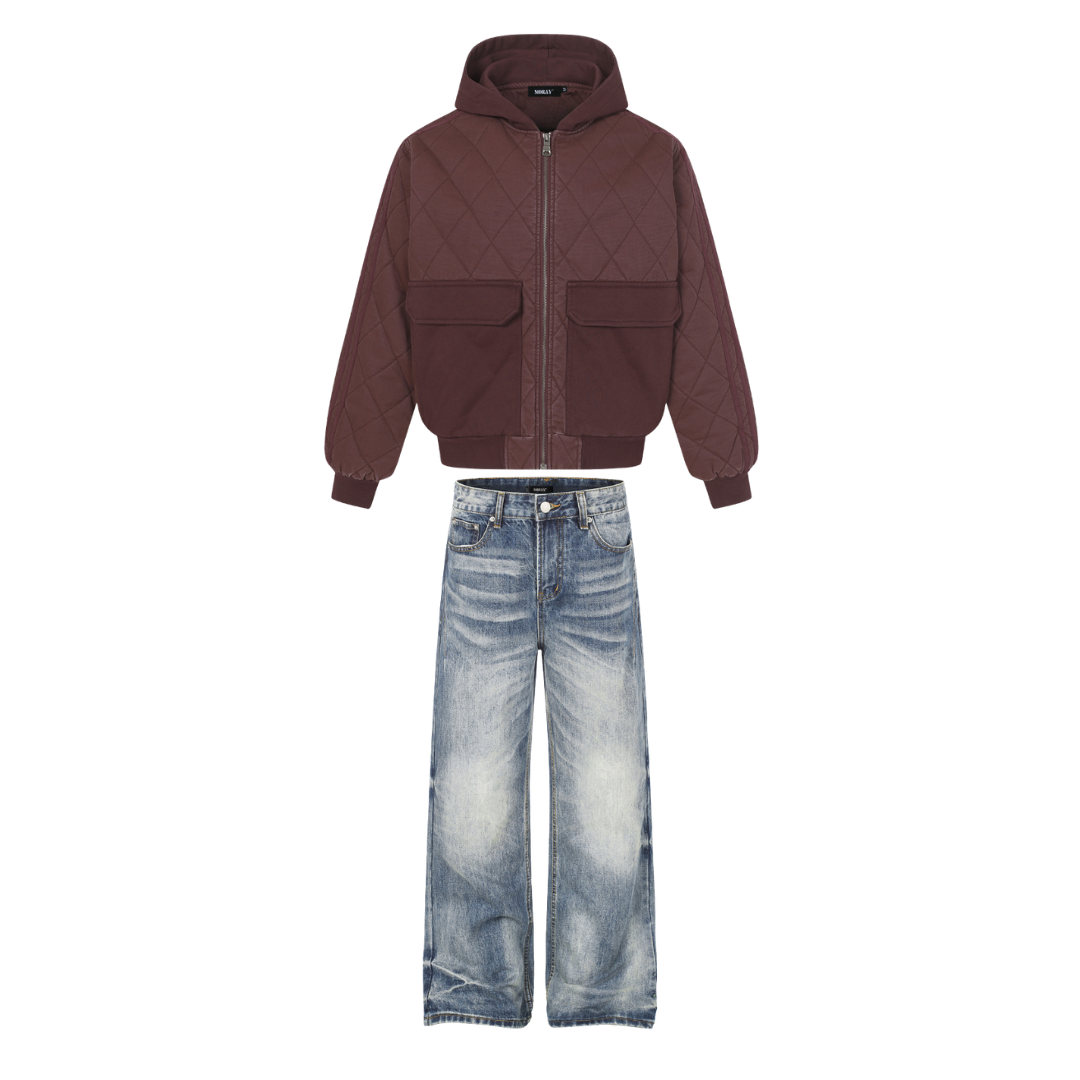 Ranger Wash combo: burgundy Quilted Ranger Jacket with Whisker Wash Denim