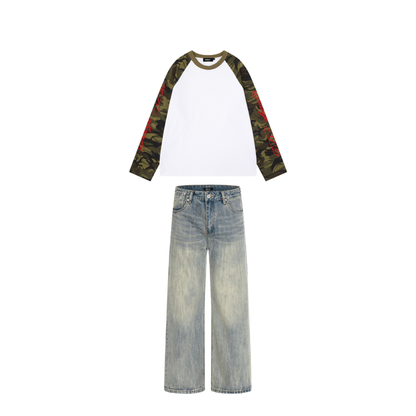 Tiger Script combo: Camo Script Raglan Longsleeve with Ease Denim