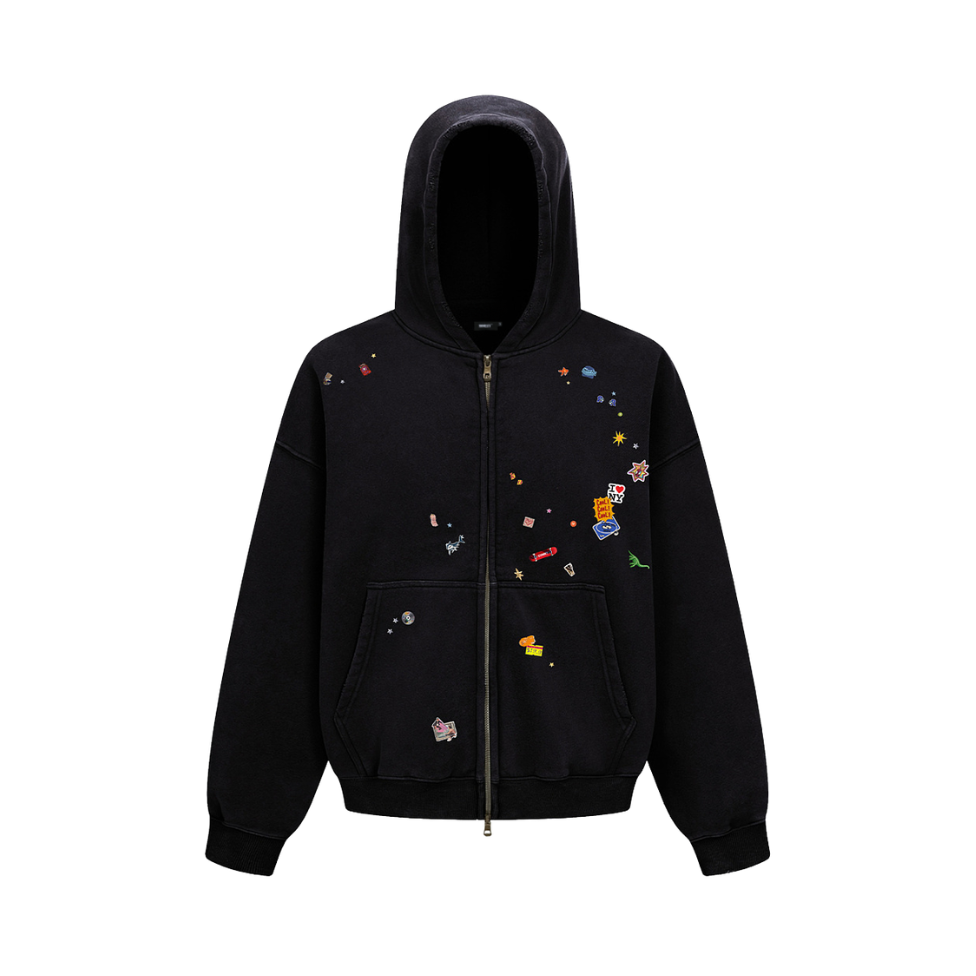 Souvenir Zip Hoodie in washed black with embroidered patches