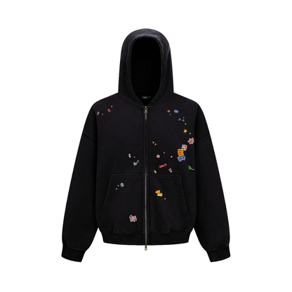 Souvenir Zip Hoodie in washed black with embroidered patches