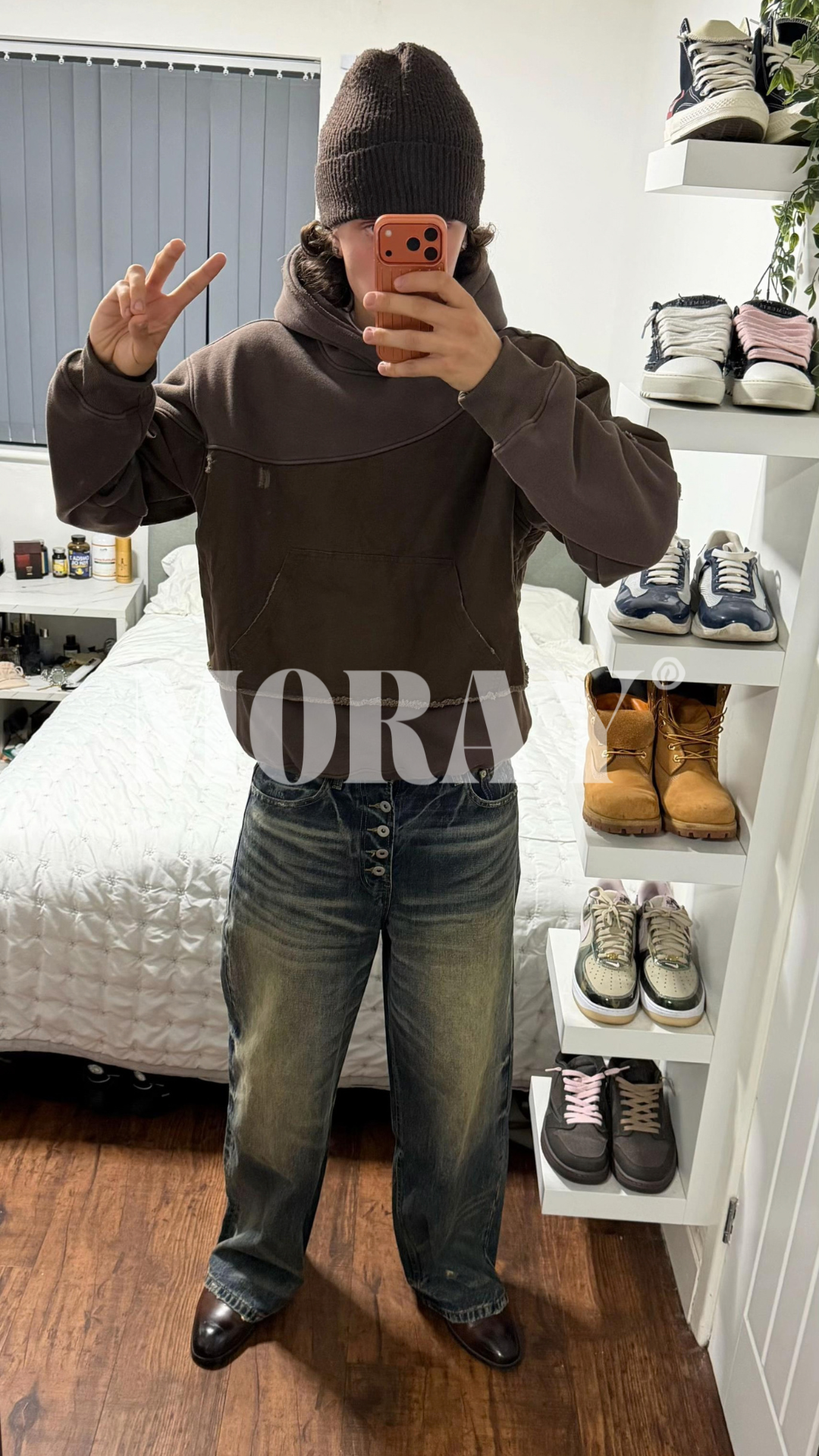 Rogue Layers combo worn: brown layered hoodie and wide vintage-wash jeans