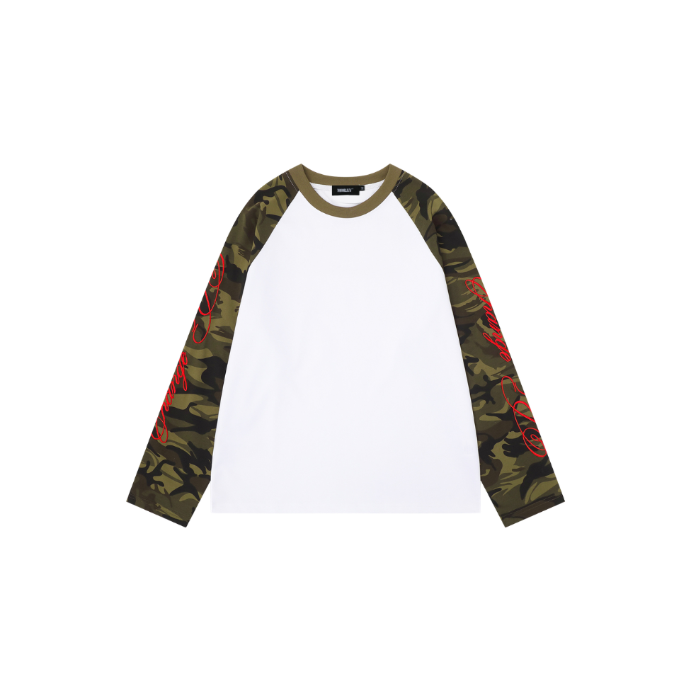 Camo Script Raglan Longsleeve with camo sleeves and red script