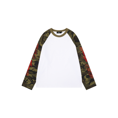 Camo Script Raglan Longsleeve with camo sleeves and red script